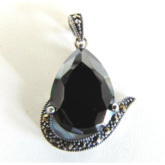 Black TEARDROP PENDANT Hematite Gem Marcasite Sterling Silver For Necklace 18mm - Picture 7 of 7